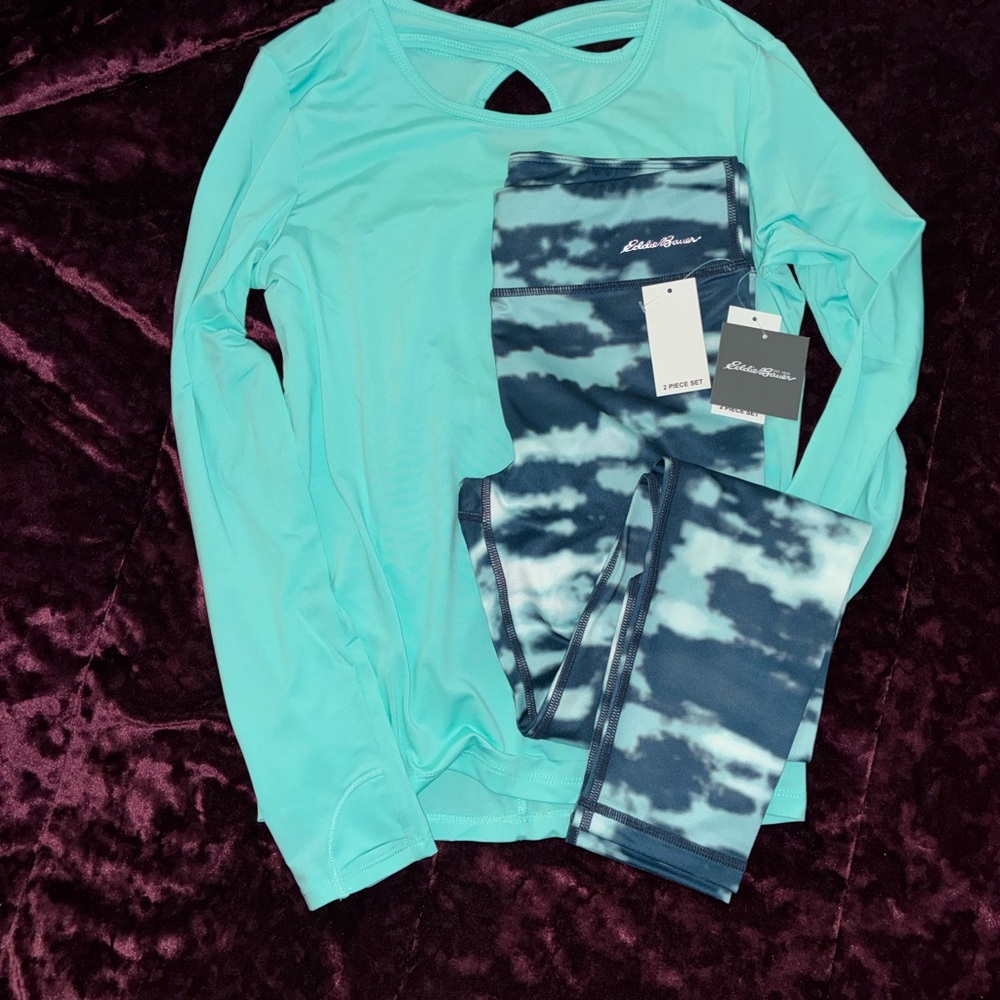 Eddie Bauer Turquoise Aqua Long Sleeve Top and leggings 2 Piece Kids Set